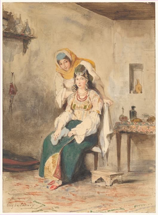 Aquarelle d'Eugène Delacroix : Saada, femme d'Abraham Benchimol, et sa fille Préciada, assises dans une pièce à Tanger en 1832.